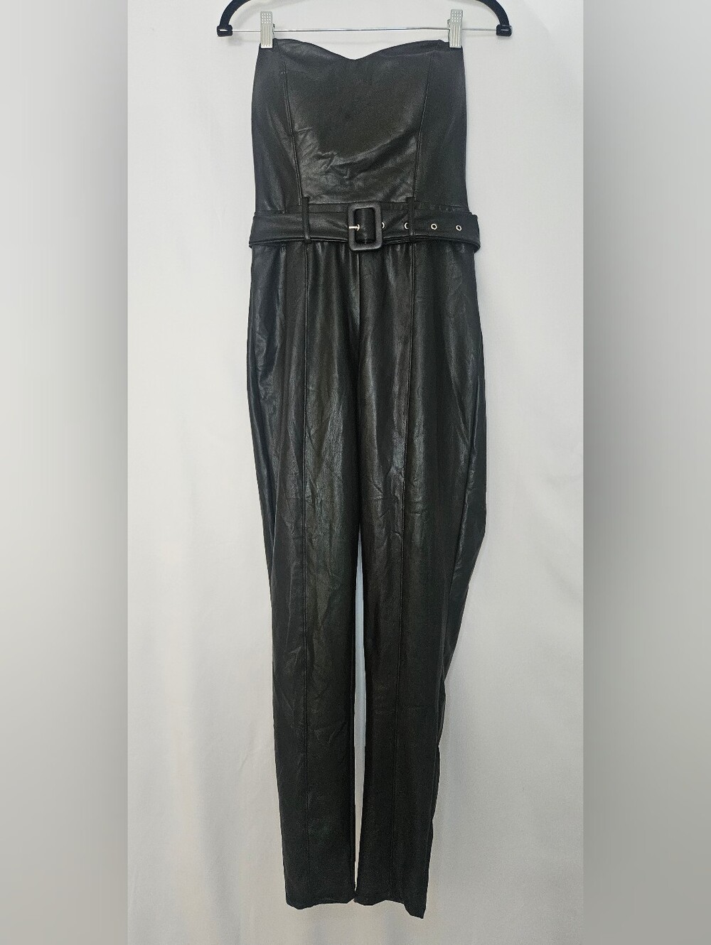 NWT Haute Monde Black Faux Leather Strapless Belted Jumpsuit Size M